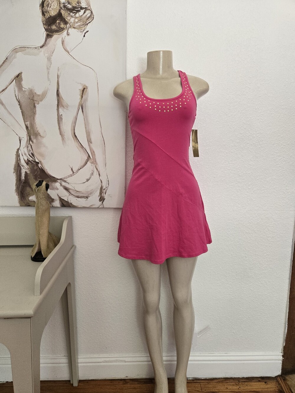 NWT Nicki Minaj Women's Pink Sleeveless A-Line Dress with Studded Neckline XS